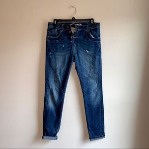 Off Center Button Up Boyfriend Jeans